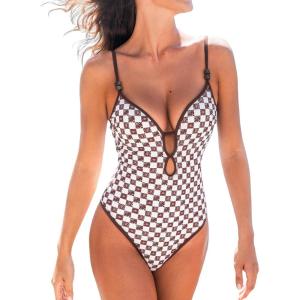 imageCUPSHE Womens One Piece Swimsuit Plunging V Neck Keyhole Bathing Suit Cutout Adjustable Straps Spaghetti Color BlockBrownWhite Plaid