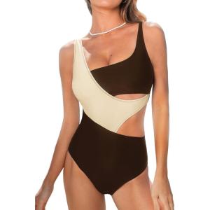 imageCUPSHE Womens One Piece Swimsuit Scoop Neck Color Block Bathing Suit Wide Straps Side CutoutBrownBeige