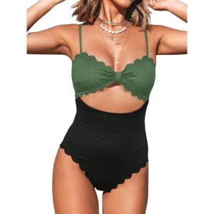 imageCUPSHE Womens One Piece Swimsuit Sexy Black Cutout Scallop Trim Bathing SuitBlackGreen