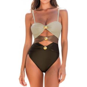 imageCUPSHE Womens One Piece Swimsuit Sexy Cutout Color Block Bathing Suit Golden O Ring Linked Swimwear Back HookDark BrownKhaki