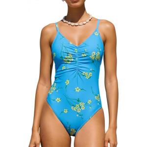 imageCUPSHE Womens One Piece Swimsuit V Neck Bathing Suits Low Back Tie Ruching Adjustable Straps SwimwearSky BlueYellow Floral