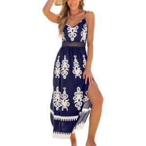 imageCUPSHE Womens Summer Maxi Dress V Neck Paisley Slit Cami Long Dress Beach SundressNavy Blue