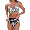 imageCUPSHE Womens Bikini Sets Two Piece Swimsuit High Waisted V Neck Twist Front Adjustable Spaghetti Straps Bathing SuitBlack Tropical