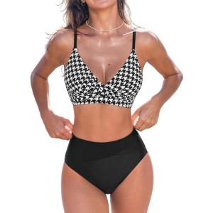 imageCUPSHE Womens Bikini Sets Two Piece Swimsuit High Waisted V Neck Twist Front Adjustable Spaghetti Straps Bathing SuitBlack Houndstooth
