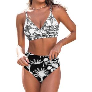 imageCUPSHE Womens Bikini Sets Two Piece Swimsuit High Waisted V Neck Twist Front Adjustable Spaghetti Straps Bathing SuitBlack Tropical