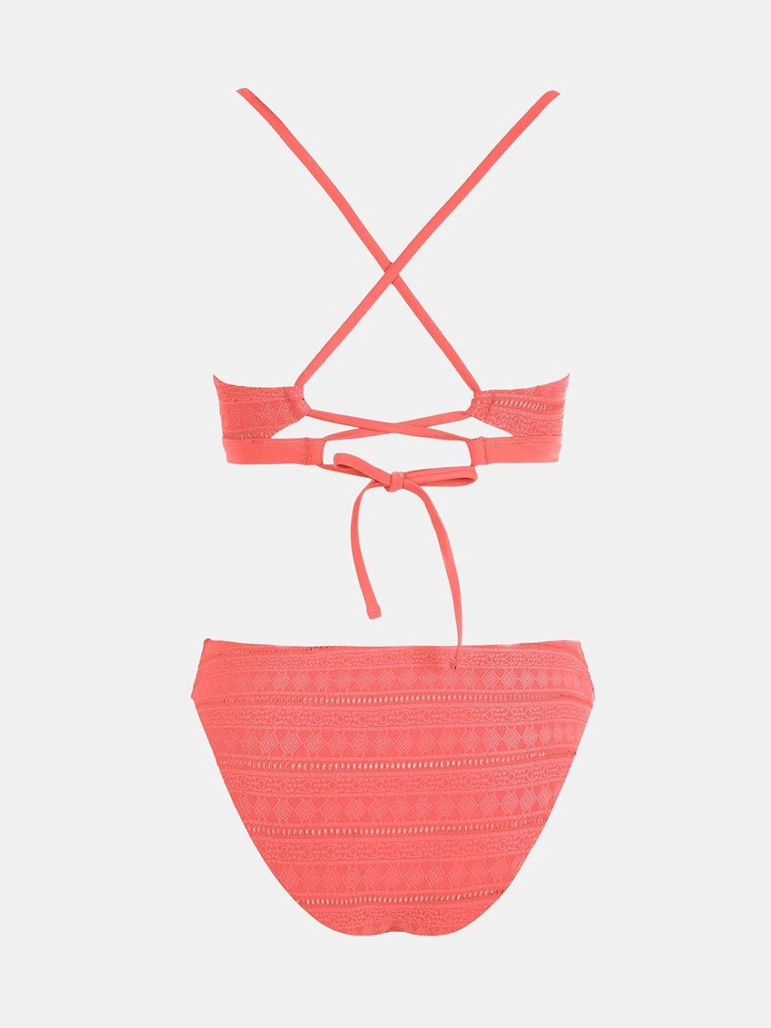 imageCUPSHE Bikini Set for Women Two Piece Swimsuits V Neck Low Rise Crisscross Back Self Tie Spaghetti StrapsCoral Orange