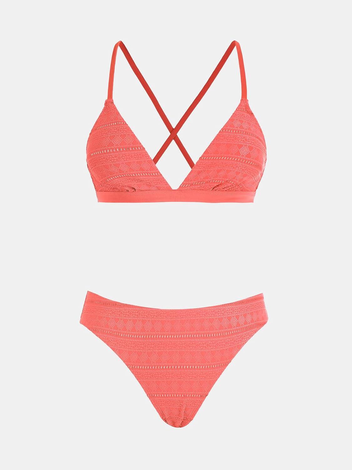 imageCUPSHE Bikini Set for Women Two Piece Swimsuits V Neck Low Rise Crisscross Back Self Tie Spaghetti StrapsCoral Orange