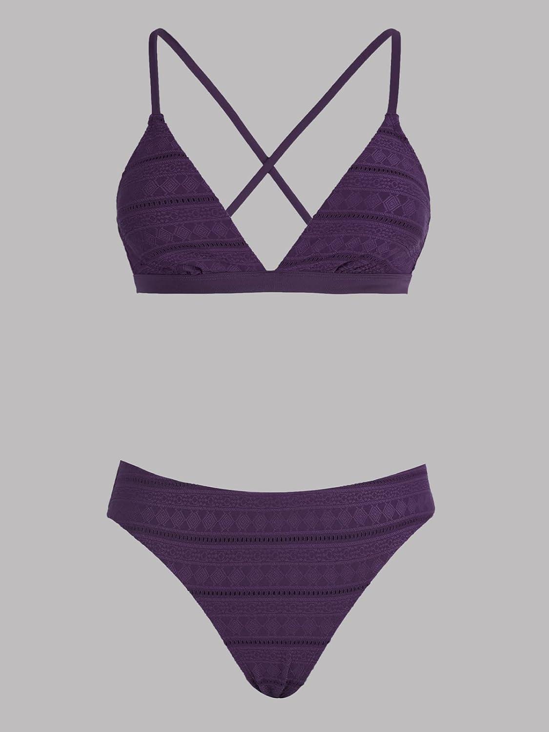 imageCUPSHE Bikini Set for Women Two Piece Swimsuits V Neck Low Rise Crisscross Back Self Tie Spaghetti StrapsDark Purple