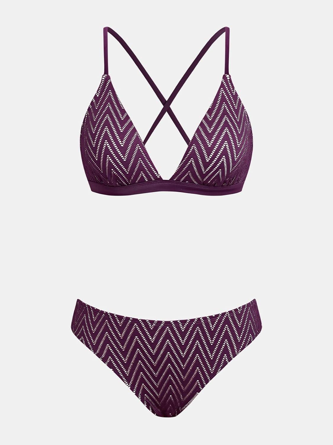 imageCUPSHE Bikini Set for Women Two Piece Swimsuits V Neck Low Rise Crisscross Back Self Tie Spaghetti StrapsDark PurpleStriped