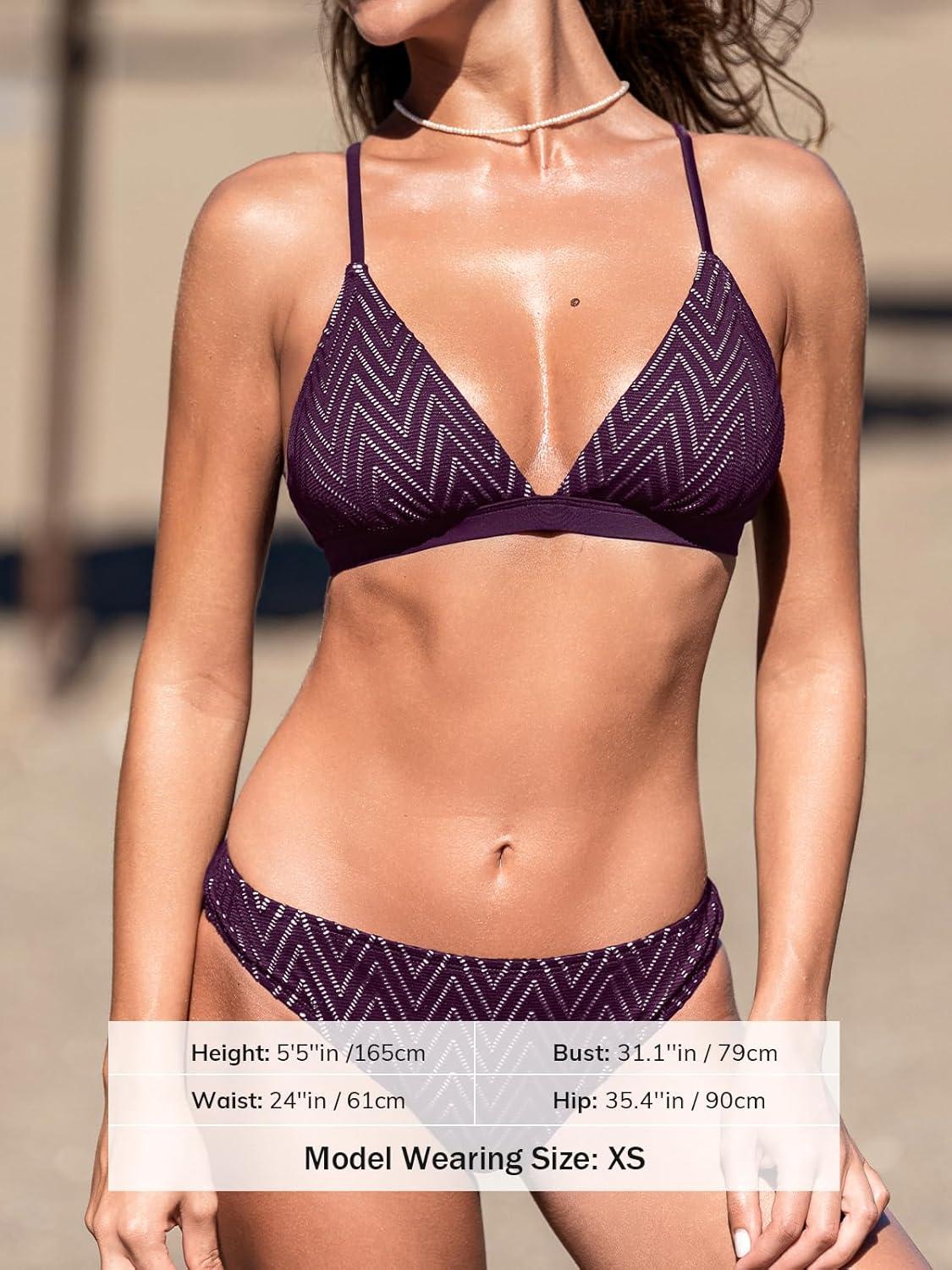 imageCUPSHE Bikini Set for Women Two Piece Swimsuits V Neck Low Rise Crisscross Back Self Tie Spaghetti StrapsDark PurpleStriped