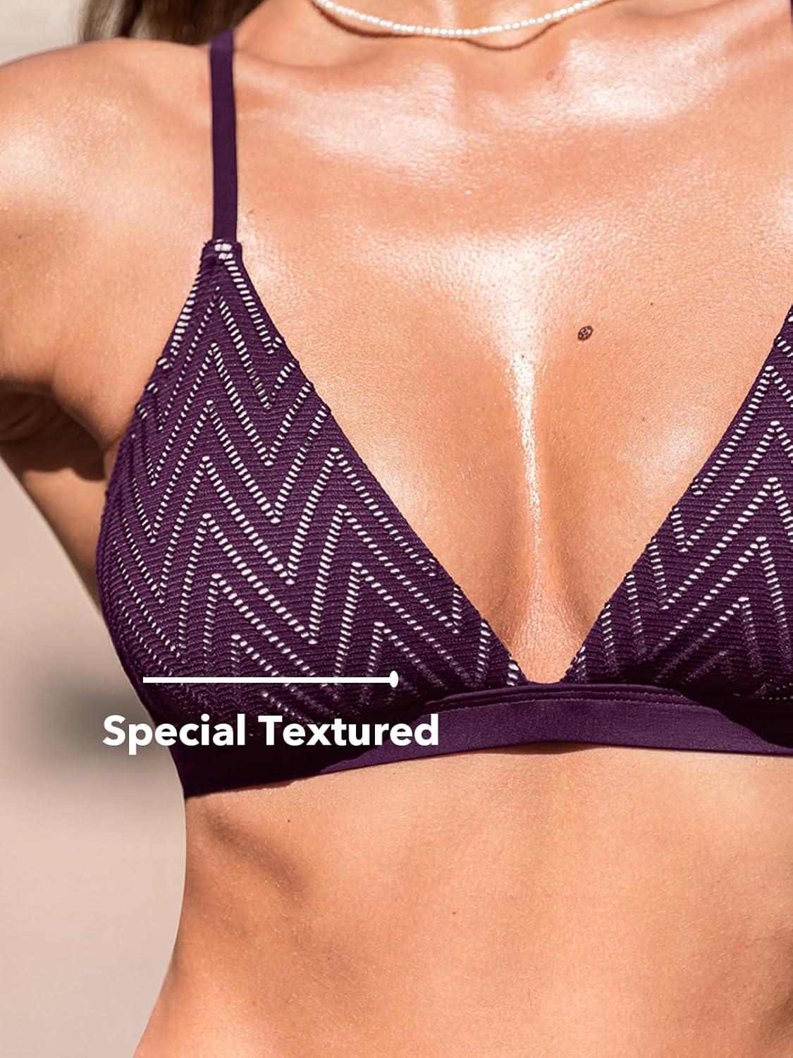 imageCUPSHE Bikini Set for Women Two Piece Swimsuits V Neck Low Rise Crisscross Back Self Tie Spaghetti StrapsDark PurpleStriped