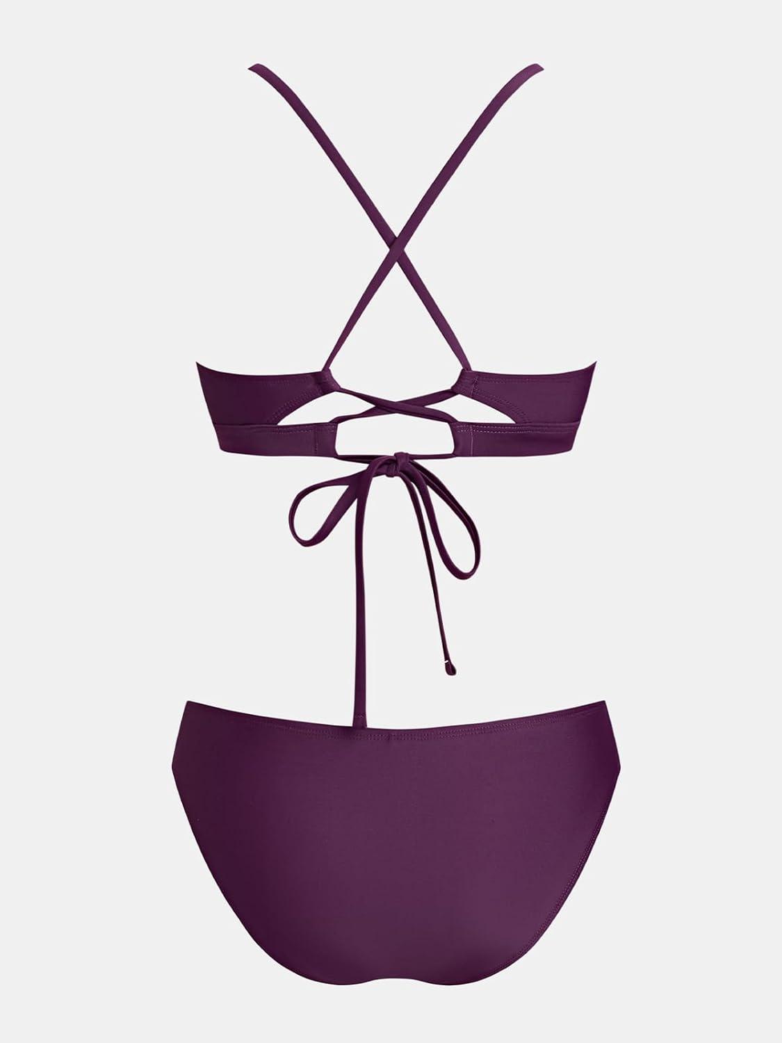 imageCUPSHE Bikini Set for Women Two Piece Swimsuits V Neck Low Rise Crisscross Back Self Tie Spaghetti StrapsDark PurpleStriped