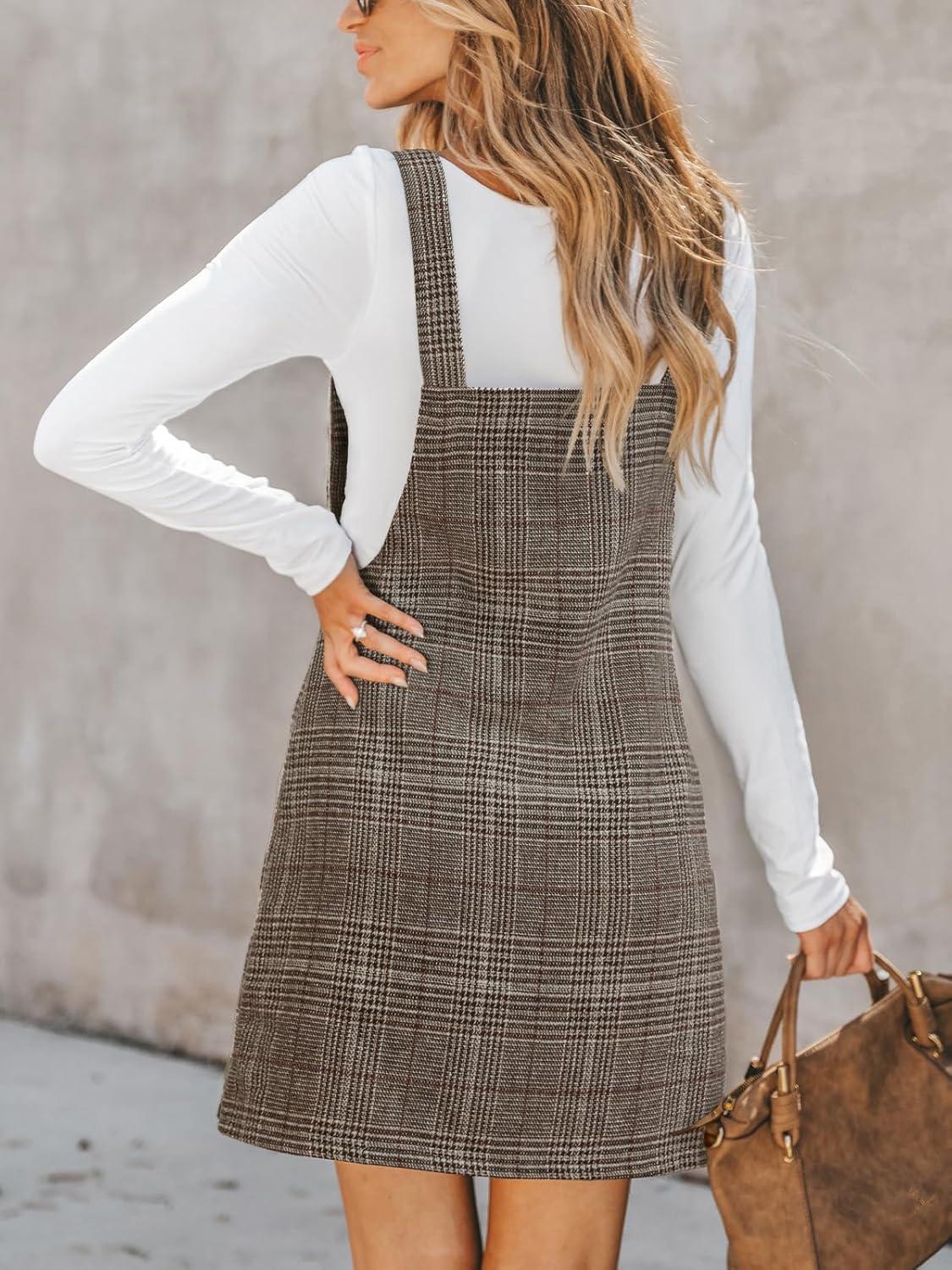 imageCUPSHE Women Corduroy Fall Dresses Front Bib Pocket Square Neck Wide Strap Casual Overall Mini DressBrown Plaid