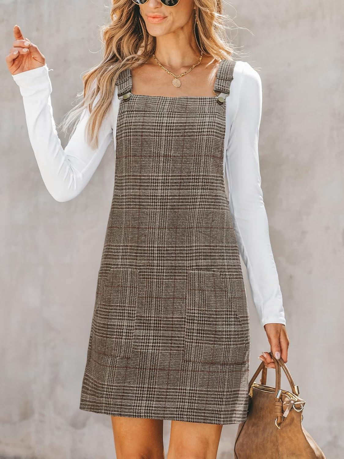 imageCUPSHE Women Corduroy Fall Dresses Front Bib Pocket Square Neck Wide Strap Casual Overall Mini DressBrown Plaid