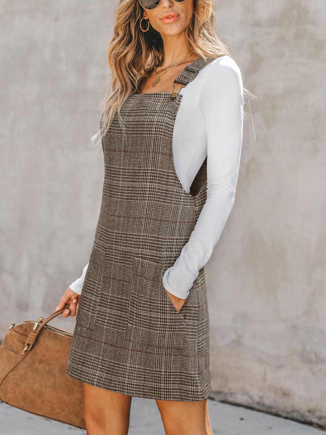 imageCUPSHE Women Corduroy Fall Dresses Front Bib Pocket Square Neck Wide Strap Casual Overall Mini DressBrown Plaid