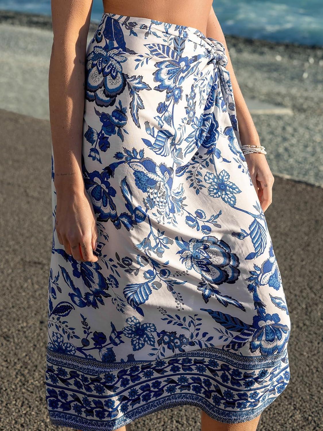 imageCUPSHE Women Sarong Swimsuit Cover Ups Side Tie Midi Beach Bathing Suit CoverupsBlue Floral