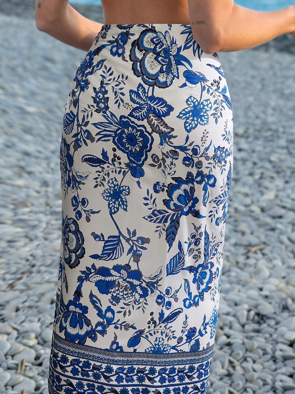 imageCUPSHE Women Sarong Swimsuit Cover Ups Side Tie Midi Beach Bathing Suit CoverupsBlue Floral