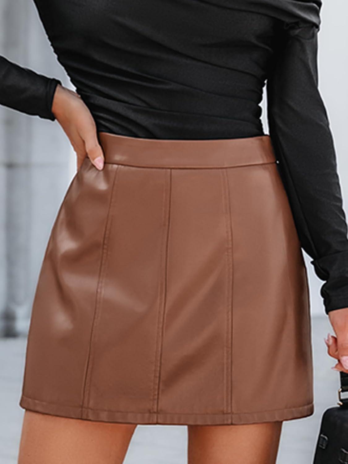 imageCUPSHE Women Skirts Women Faux Leather High Waist Mini Skirt Bodycon Wrap Notched Hem Casua PartyBrown