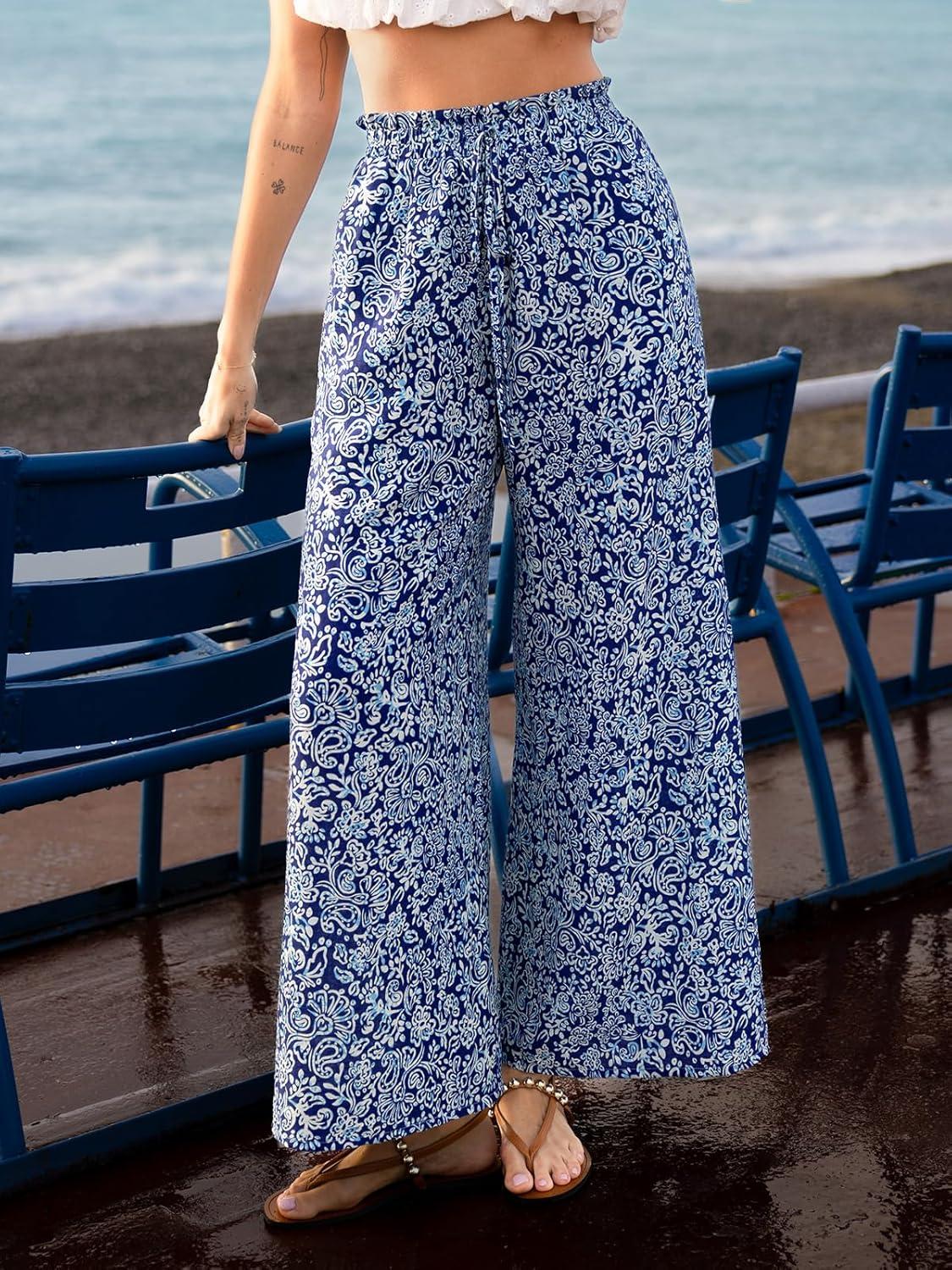 imageCUPSHE Womens Cover Up Pants Elastic Waist Beach Wide Leg Pant Drawstring Swim Coverup with PocketBlue