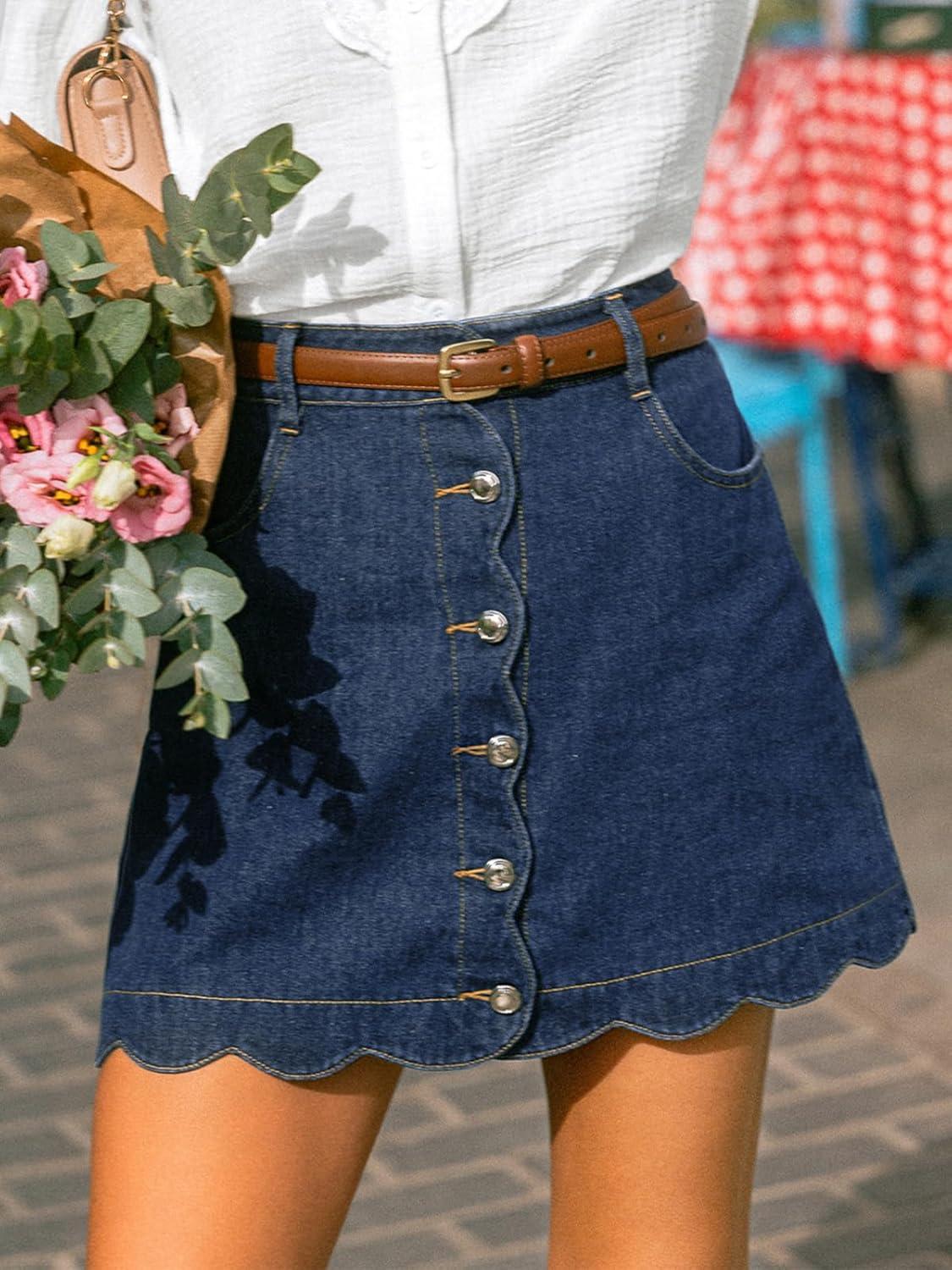 imageCUPSHE Womens Denim Mini Skirt Button Front ALine Jean High Waist Scalloped Hem Casual OutfitsBlue