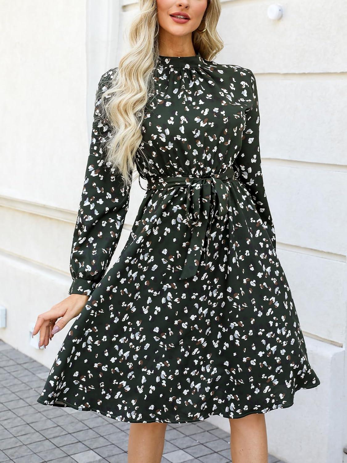 imageCUPSHE Womens Long Fall Dresses High Neck Long Sleeve Belted Floral Printed Flowy Midi Casual DressGreen Printed