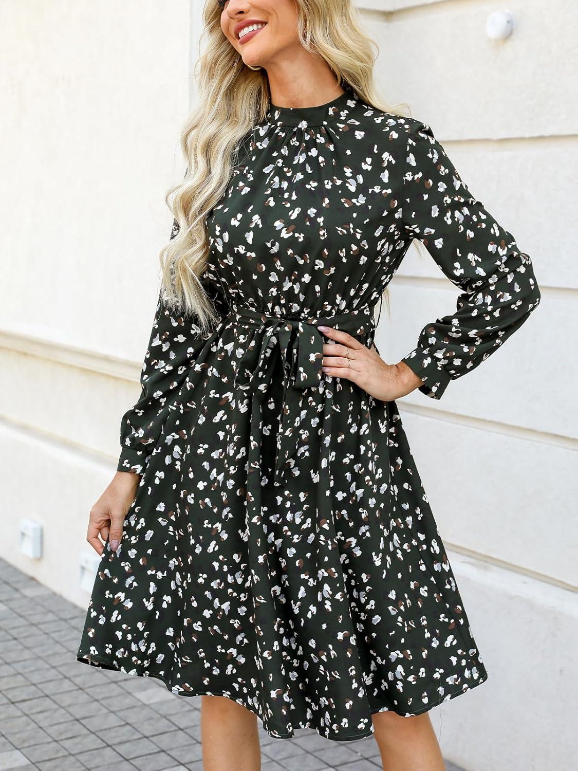 imageCUPSHE Womens Long Fall Dresses High Neck Long Sleeve Belted Floral Printed Flowy Midi Casual DressGreen Printed