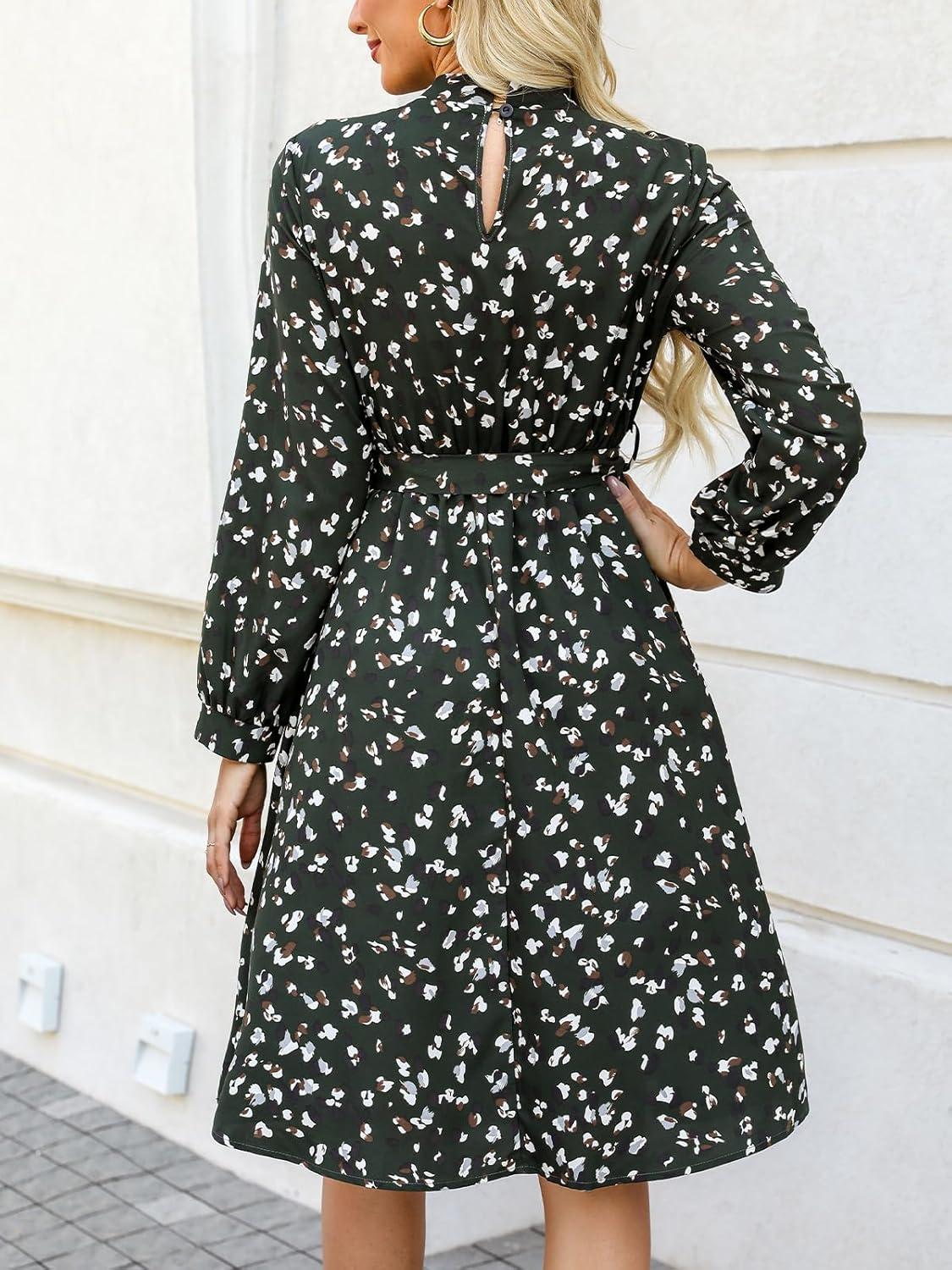 imageCUPSHE Womens Long Fall Dresses High Neck Long Sleeve Belted Floral Printed Flowy Midi Casual DressGreen Printed
