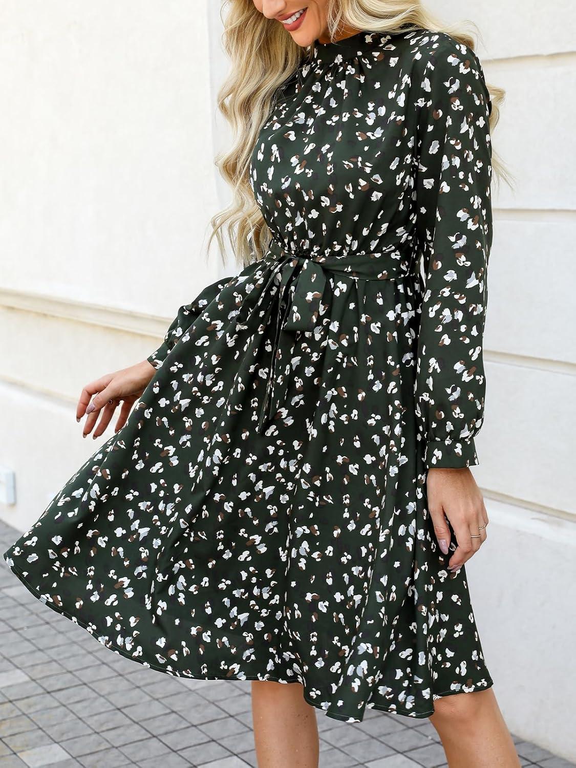 imageCUPSHE Womens Long Fall Dresses High Neck Long Sleeve Belted Floral Printed Flowy Midi Casual DressGreen Printed