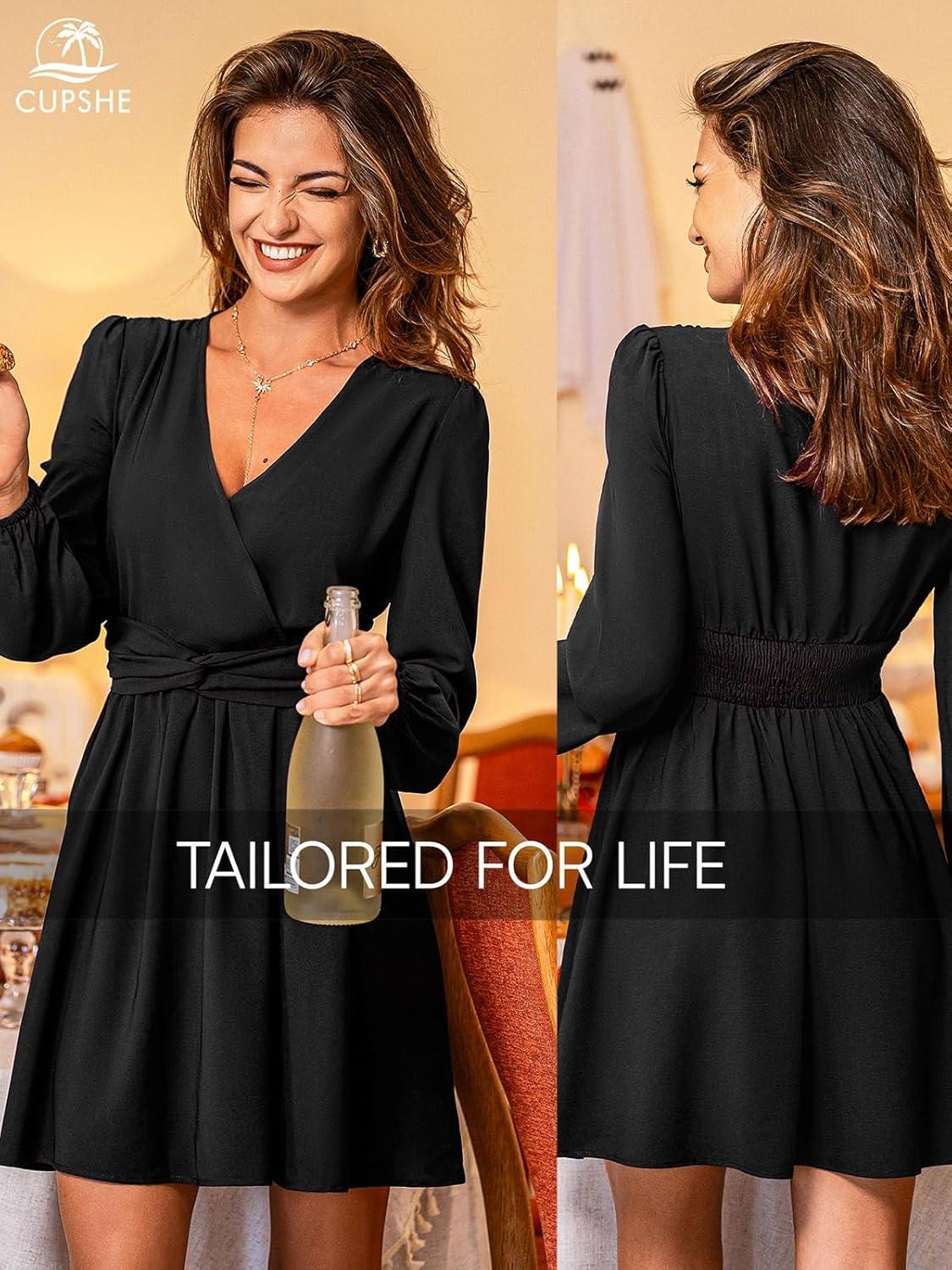 imageCUPSHE Womens Long Sleeve Mini Dress V Neck Elegant Cocktail Party Dress Fall Flowy Wedding Guest DressBlack