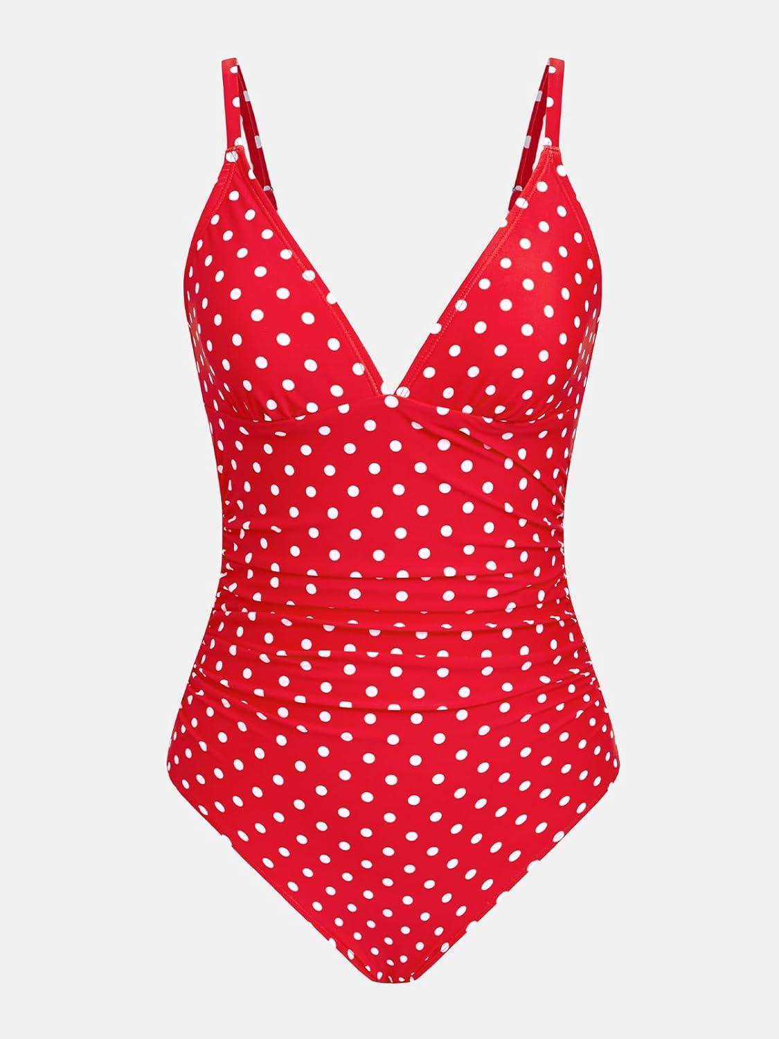 imageCUPSHE Womens One Piece Swimsuit Tummy Control V Neck Bathing SuitsRedWhite Polka Dots