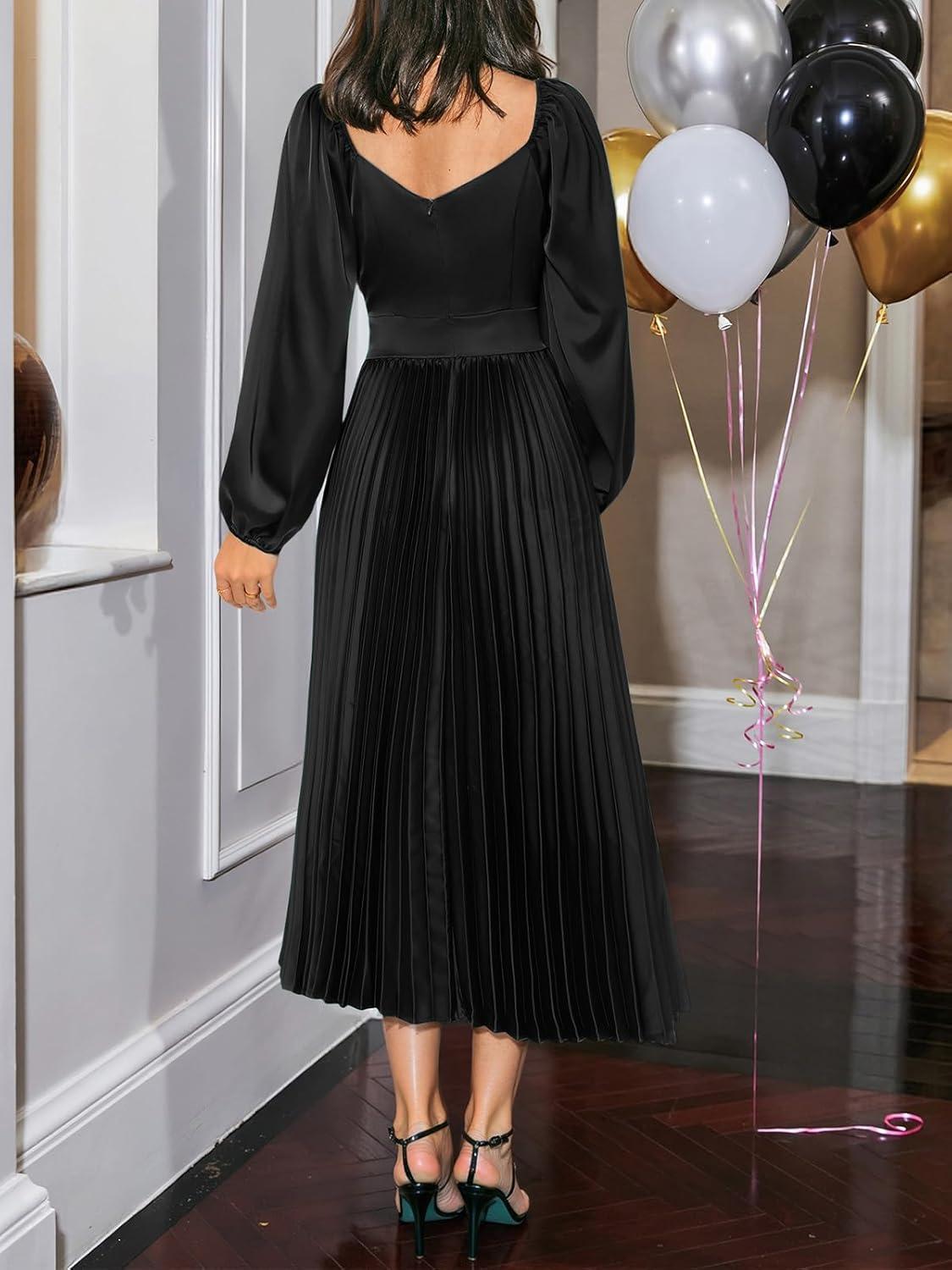 imageCUPSHE Womens Party Dresses Long Sleeve Pleated Fall Outfit Casual V Neck Elegant Club Evening Cocktail Midi DressBlack