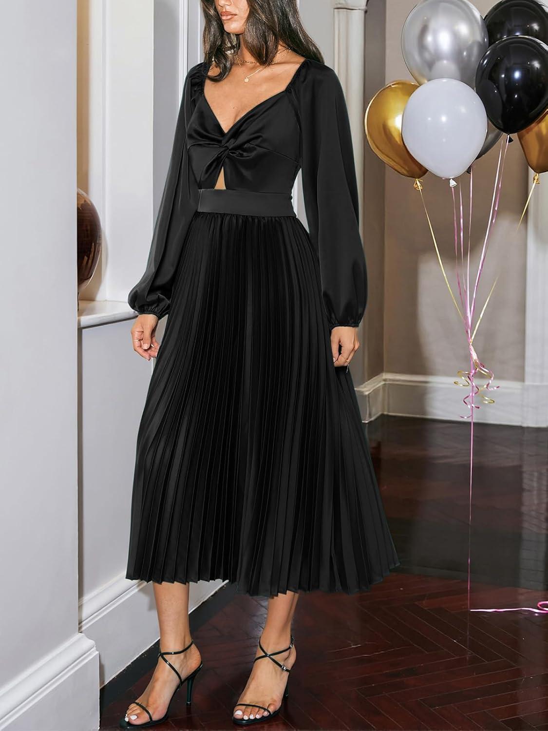 imageCUPSHE Womens Party Dresses Long Sleeve Pleated Fall Outfit Casual V Neck Elegant Club Evening Cocktail Midi DressBlack