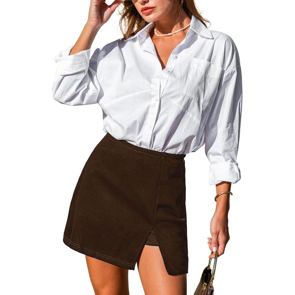 imageCUPSHE Skirts Women Mini Skirt Side Slit High Waist Solid Casual VacationCoffee Brown