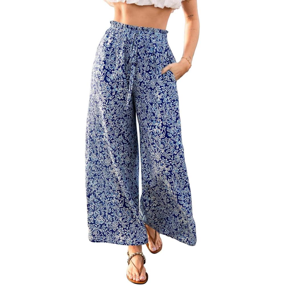 imageCUPSHE Womens Cover Up Pants Elastic Waist Beach Wide Leg Pant Drawstring Swim Coverup with PocketBlue