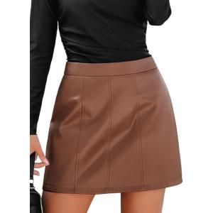 imageCUPSHE Women Skirts Women Faux Leather High Waist Mini Skirt Bodycon Wrap Notched Hem Casua PartyBrown