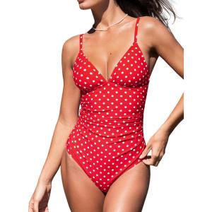 imageCUPSHE Womens One Piece Swimsuit Tummy Control V Neck Bathing SuitsRedWhite Polka Dots