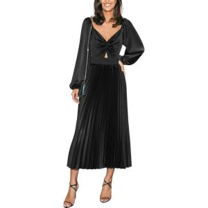 imageCUPSHE Womens Party Dresses Long Sleeve Pleated Fall Outfit Casual V Neck Elegant Club Evening Cocktail Midi DressBlack