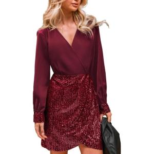 imageCUPSHE Womens Sequin Cocktail Dress Sparkly Winter Holiday Party Long Sleeve V Neck Bodycon Mini DressesRed