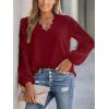 imageCUPSHE Women Lace Elegant Blouse Long Sleeve Eyelet V Neck Dressy Party Floral Tops Scalloped V NeckRed