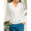 imageCUPSHE Women Long Sleeve Notched Neck Hollow Out Blouses Lace Lantern Sleeve Crochet Eyelet Blouse ShirtsWhite