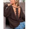 imageCUPSHE Womens Long Sleeve Crewneck Blouse Sexy Back Lace Ribbed Knit TopsCoffee Brown