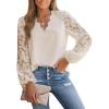 imageCUPSHE Women Lace Elegant Blouse Long Sleeve Eyelet V Neck Dressy Party Floral Tops Scalloped V NeckBeige