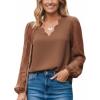 imageCUPSHE Women Lace Elegant Blouse Long Sleeve Eyelet V Neck Dressy Party Floral Tops Scalloped V NeckBrown