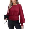 imageCUPSHE Womens Crew Neck Frill Shirred Lantern Long Sleeve Blouse Office Shirt Work TopRed