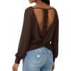 imageCUPSHE Womens Long Sleeve Crewneck Blouse Sexy Back Lace Ribbed Knit TopsCoffee Brown