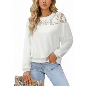 imageCUPSHE Long Sleeve Shirts for Womens Lace Tops Mesh Sheer Crew Neck Casual Shirts Sexy Fall Going OutWhite