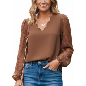 imageCUPSHE Women Lace Elegant Blouse Long Sleeve Eyelet V Neck Dressy Party Floral Tops Scalloped V NeckBrown