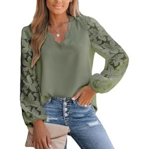 imageCUPSHE Women Lace Elegant Blouse Long Sleeve Eyelet V Neck Dressy Party Floral Tops Scalloped V NeckGreen