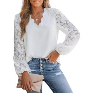 imageCUPSHE Women Lace Elegant Blouse Long Sleeve Eyelet V Neck Dressy Party Floral Tops Scalloped V NeckWhite