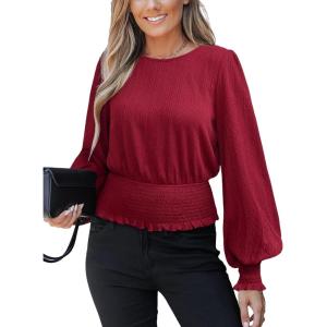 imageCUPSHE Womens Crew Neck Frill Shirred Lantern Long Sleeve Blouse Office Shirt Work TopRed